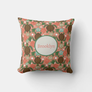 Sea Turtle & Hibiscus Coral Pink Floral Nursery Throw Pillow
