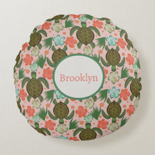 Sea Turtle & Hibiscus Pink Floral Nursery Round Pillow