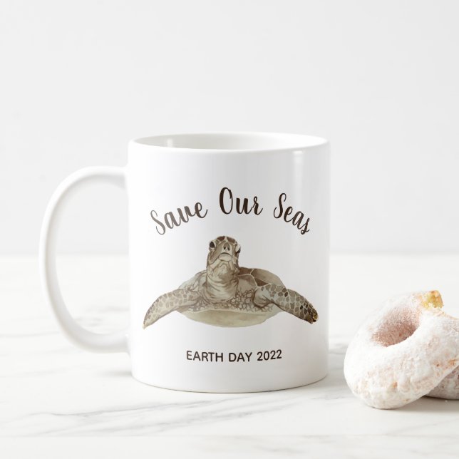 Sea Turtle Illustration Custom Eco Message 20xx Coffee Mug (With Donut)