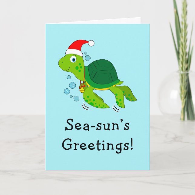 Sea Turtle in a Santa Hat Ocean Christmas Holiday Card (Front)