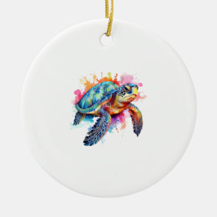 Sea Turtle in Colourful Watercolor Ceramic Ornament