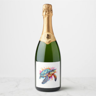 Sea Turtle in Colourful Watercolor Sparkling Wine Label