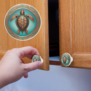 Sea Turtle in Copper and Turquoise Ceramic Knob
