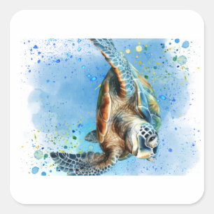 Sea turtle in ocean design on a postcard square sticker