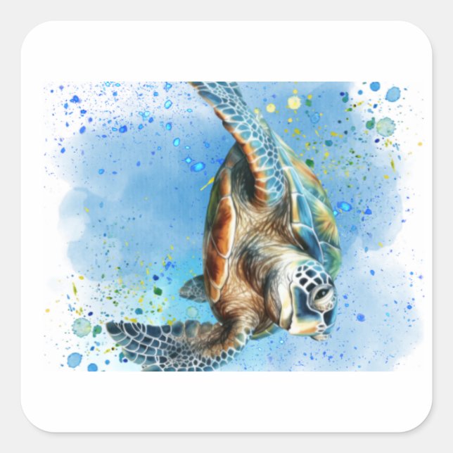 Sea turtle in ocean design on a postcard square sticker (Front)