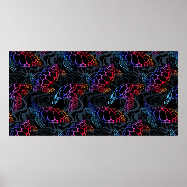 Sea turtle in psychedelic multicolor colours with  poster (Front)