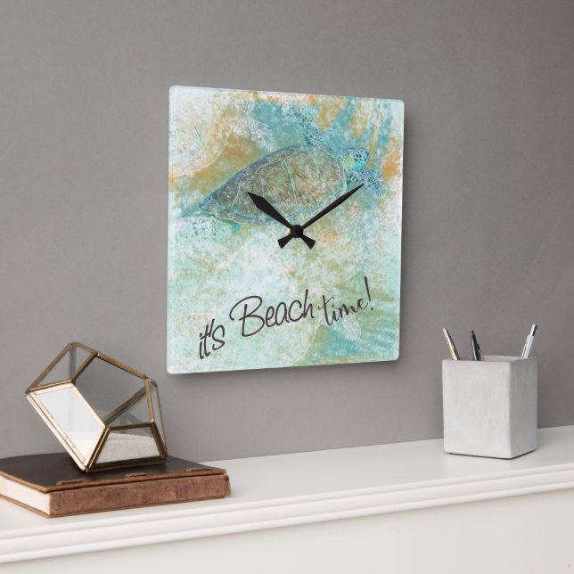 Sea Turtle It's Beach Time Quote Square Wall Clock (Office)