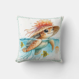 Sea Turtle Jellyfish Hat Throw Pillow
