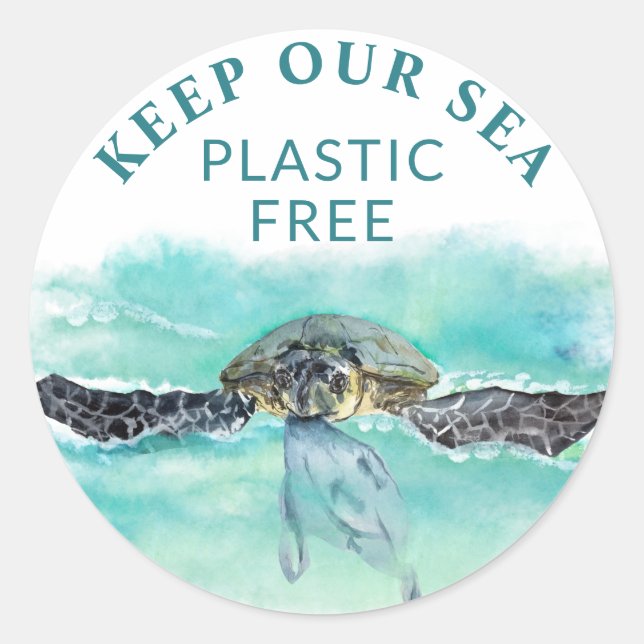 Sea Turtle KEEP OUR SEA PLASTIC FREE Conservation Classic Round Sticker (Front)