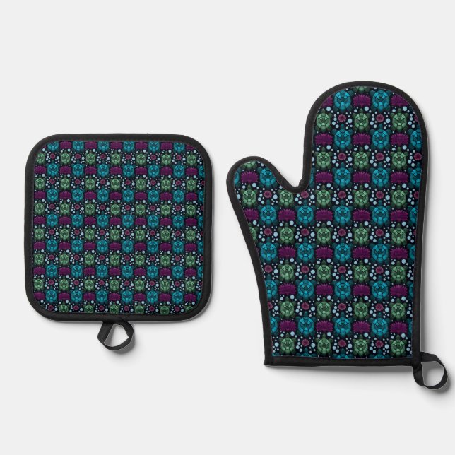 Sea Turtle & Lotus Flower Pattern  Oven Mitt & Pot Holder Set (Front)