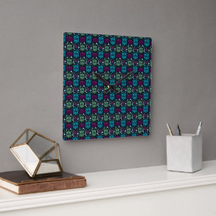 Sea Turtle & Lotus Flower Pattern Square Wall Clock