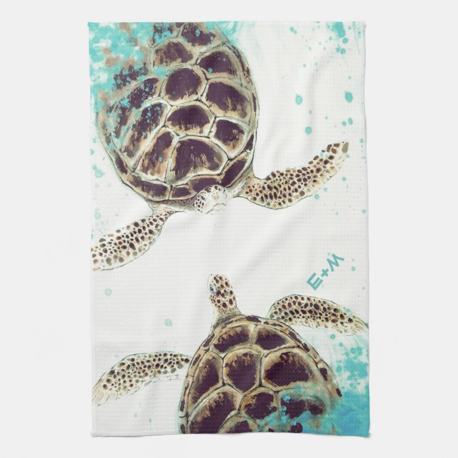 Sea Turtle Love Monogram Personalized Kitchen Towel (Vertical)