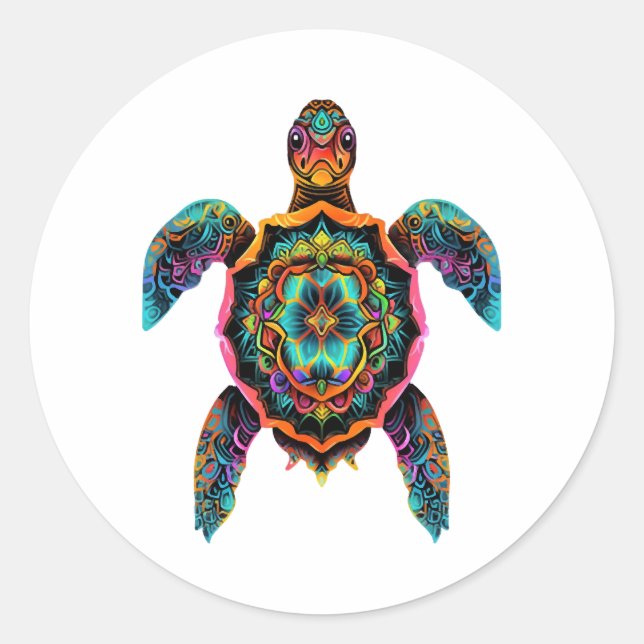 Sea Turtle Mandala Sea Ocean Animal Artwork Boho Classic Round Sticker (Front)