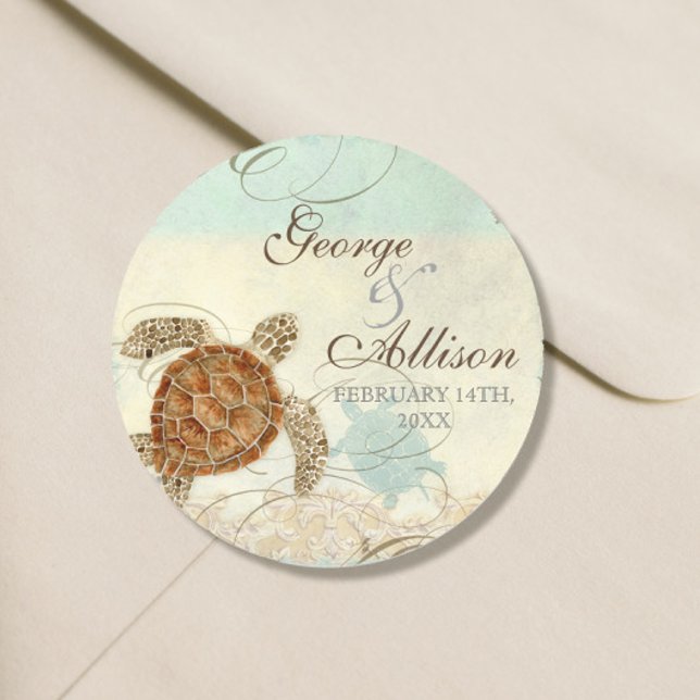 Sea Turtle Modern Coastal Ocean Beach Swirls Style Classic Round Sticker (Creator Uploaded)