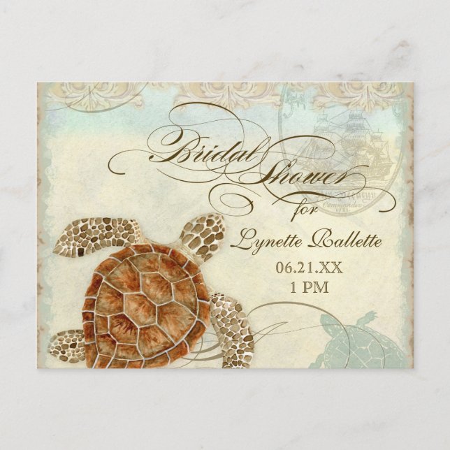 Sea Turtle Modern Coastal Ocean Beach Swirls Style Invitation Postcard (Front)