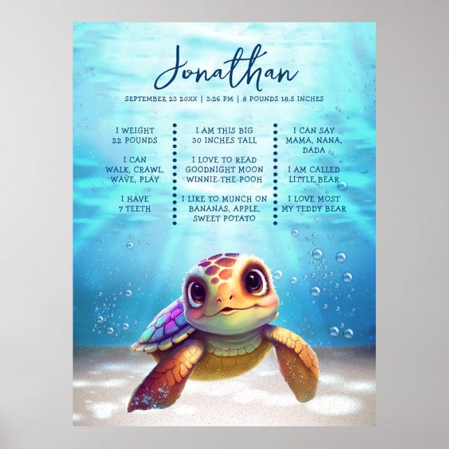 Sea Turtle Modern Cute 1st Birthday Milestone Poster (Front)