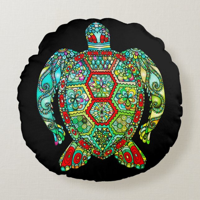 Sea turtle mosaic reversable black red green round pillow (Front)