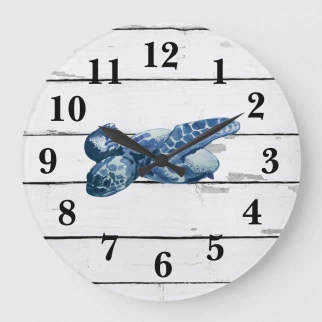 Sea Turtle Nautical Blue Wheel Ship Rustic Decor Large Clock (Front)