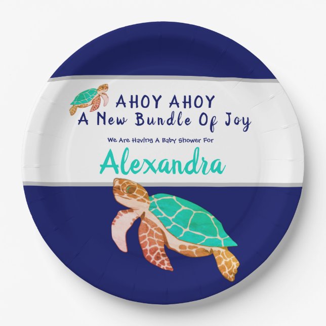 Sea Turtle Navy Blue Nautical Boy Baby Paper Plate (Front)