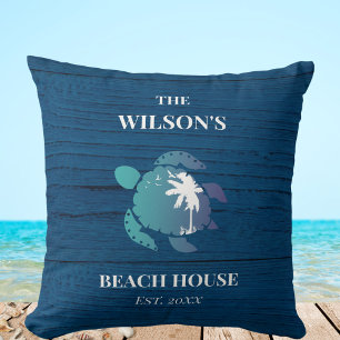 Sea Turtle Navy Blue Wood Family Name Beach House  Throw Pillow
