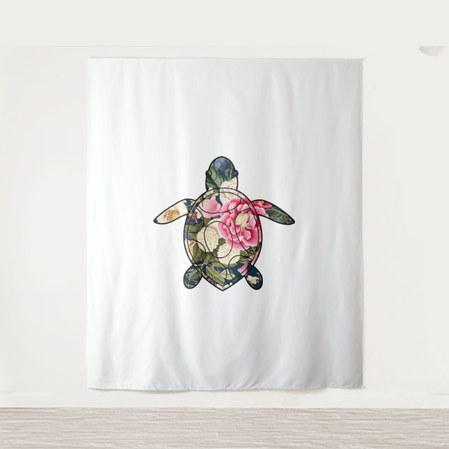 Sea Turtle navy floral Tapestry (Front)
