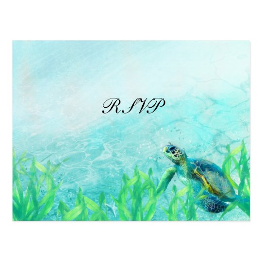Sea Turtle Ocean Beach Art Elegant Wedding RSVP Postcard