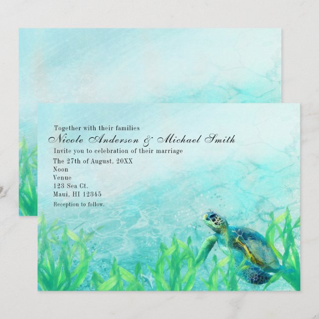 Sea Turtle Ocean Beach Art Wedding Invitations (Front/Back)