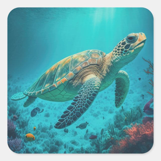 Sea Turtle Ocean Marine Life Beach Nature Animals Square Sticker (Front)