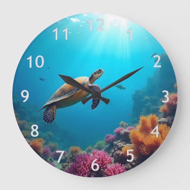 Sea Turtle on a Coral Reef Large Clock (Front)