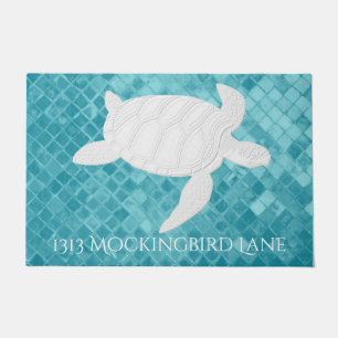 Sea Turtle on Aqua Sea Glass Personalize Doormat