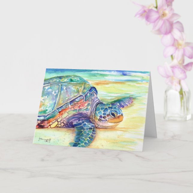 Sea Turtle on Tropical Beach Card (Orchid)