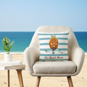 Sea Turtle Our Beach House on Dark Aqua Stripes Throw Pillow
