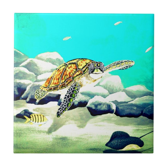 Sea Turtle Painting Beautiful Blue Sea Tile (Front)