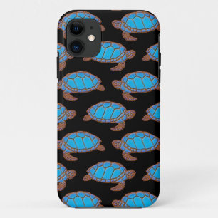 Sea Turtle Pattern Bright Blue on Black iPhone 11 Case