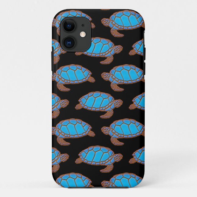 Sea Turtle Pattern Bright Blue on Black Case-Mate iPhone Case (Back)