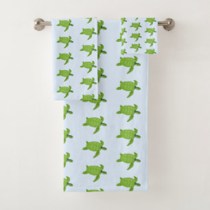 Sea turtle pattern on light blue bath towel set