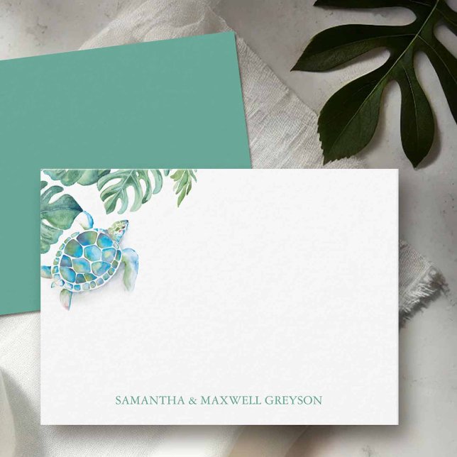 Sea Turtle Personalized Watercolor Card (Mini note cards with envelopes designed with sea turtle watercolor art.)