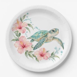 Sea Turtle & Pink Hibiscus Tropical Paper Plates
