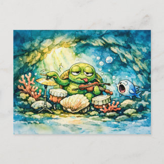 Sea turtle playing violin and shells postcard