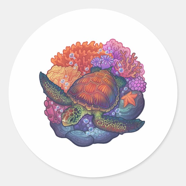 Sea Turtle Reef Classic Round Sticker (Front)