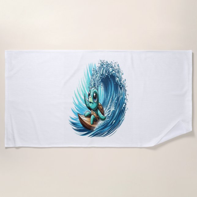 Sea Turtle Rides Emotion Wave. Beach Towel (Front)