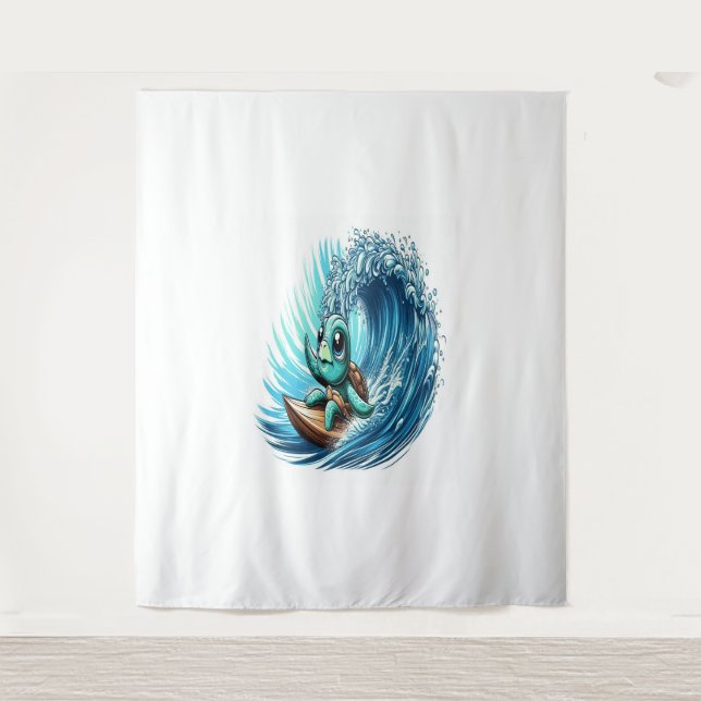 Sea Turtle Rides Emotion Wave. Tapestry (Front)