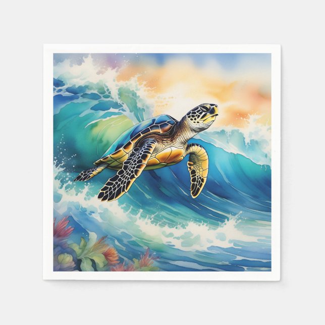Sea Turtle Riding a Vibrant Wave Watercolor Napkin (Front)