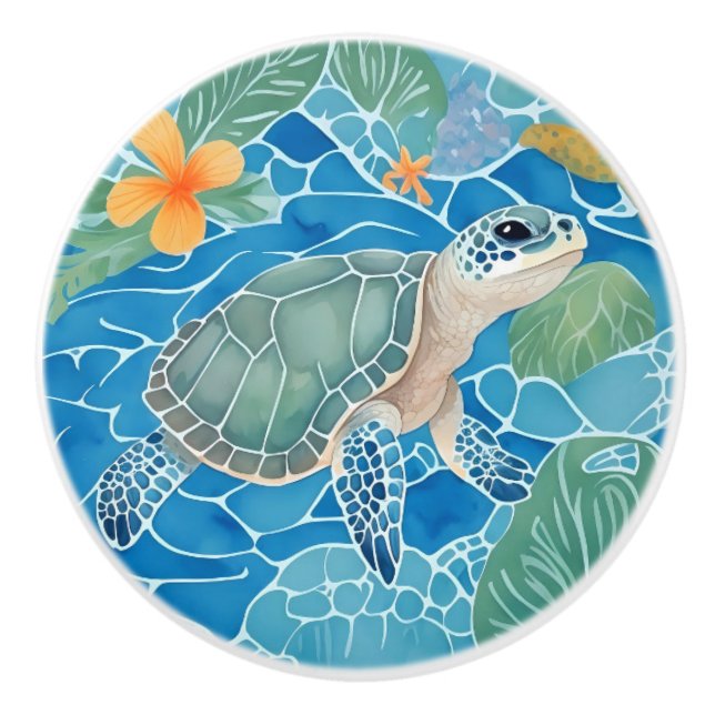 Sea Turtle Right Facing Ocean Life Bright Blue Ceramic Knob (Front)