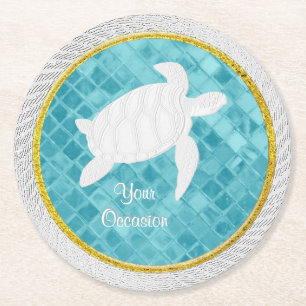 Sea Turtle Rope Aqua Sea Glass Pattern Round Paper Coaster