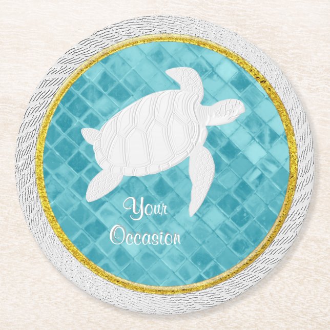 Sea Turtle Rope Aqua Sea Glass Pattern Round Paper Coaster (Front)