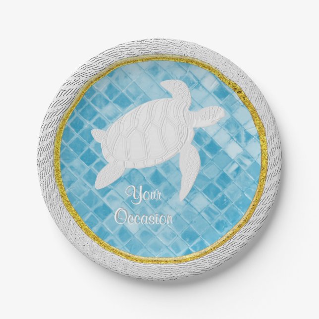 Sea Turtle Rope Blue Sea Glass Personalize Paper Plate (Front)