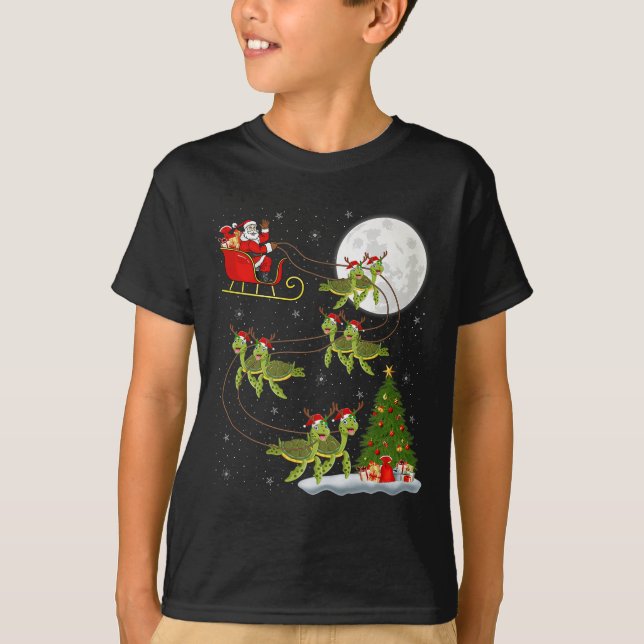 Sea Turtle Santa Sleigh Flying Funny Magical Chris T-Shirt (Front)