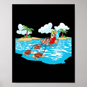 Sea Turtle Sleigh Santa Beach Surfboard Christmas Poster