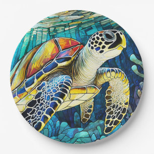 Sea turtle stained glass paper plate